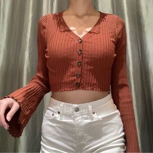 UO Cropped Rust Ribbed Ruffle Trim Batwing V-neck Cardigan